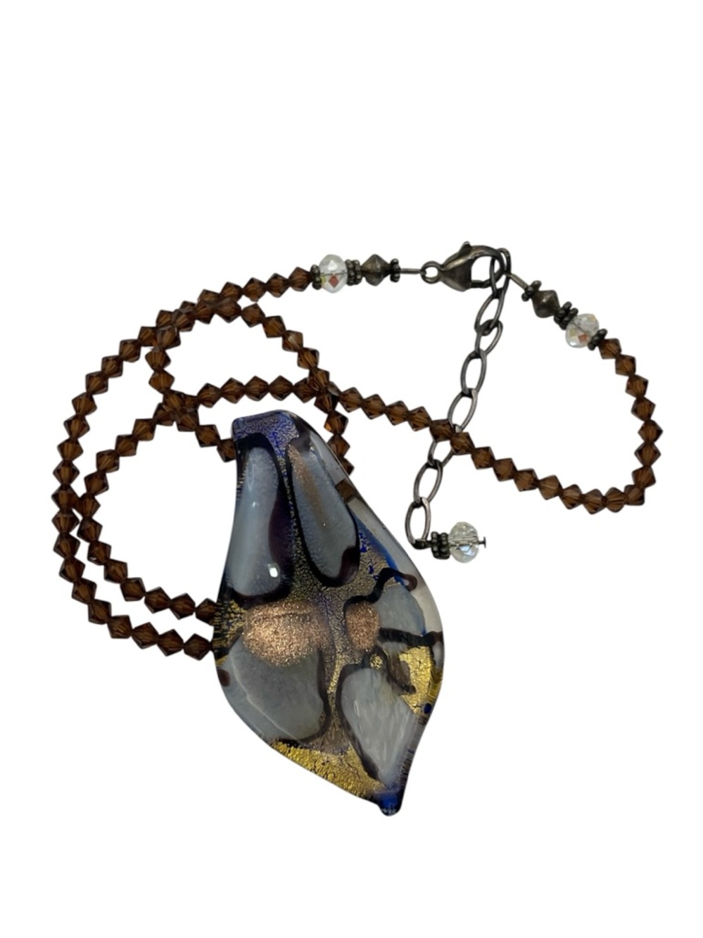Art glass multi colored pendant on brown beaded sterling silver artisan necklace